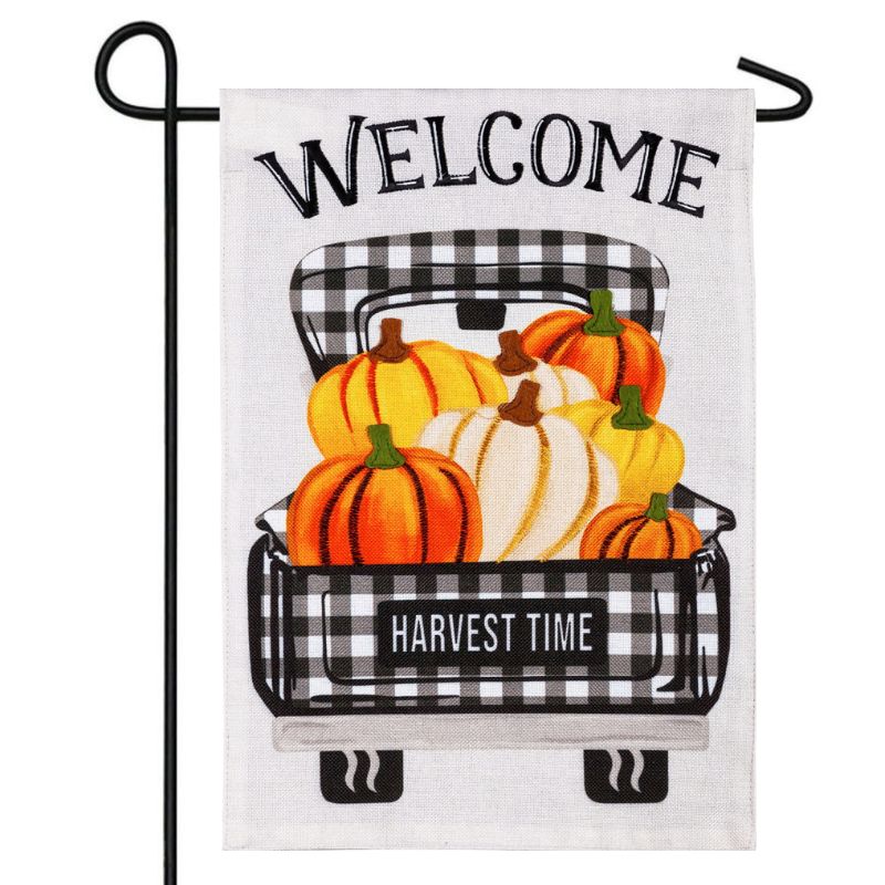 Pumpkin Plaid Truck Garden Flag